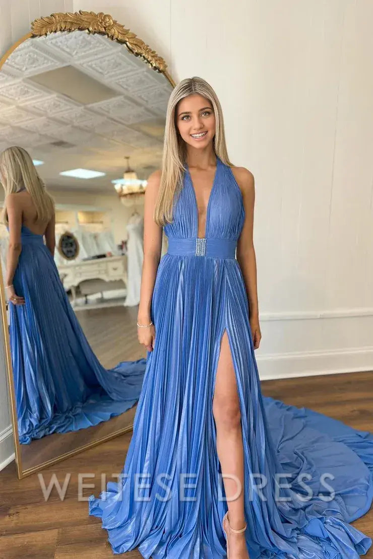 Robe Weitese classique col en V profond dos nu bleu licou dos nu plissé satin longues robes de bal